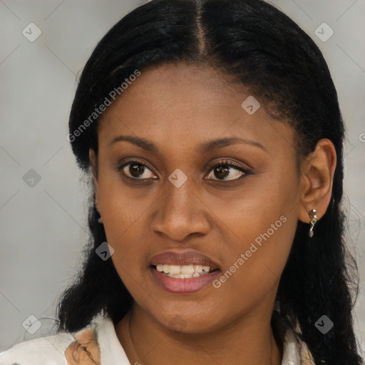 Joyful black young-adult female with medium  brown hair and brown eyes