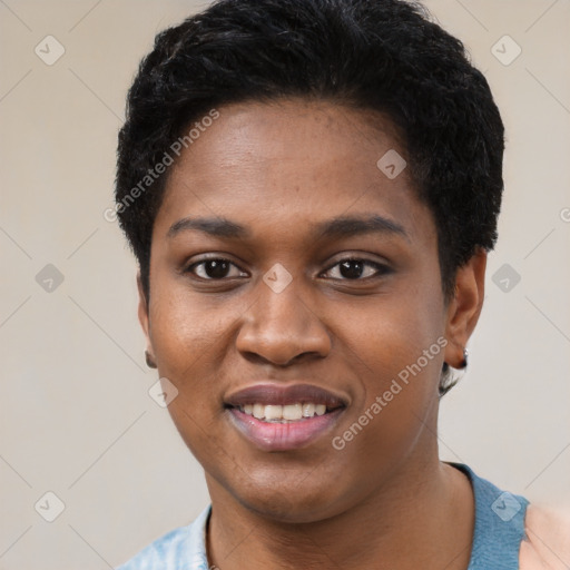 Joyful black young-adult female with short  black hair and brown eyes