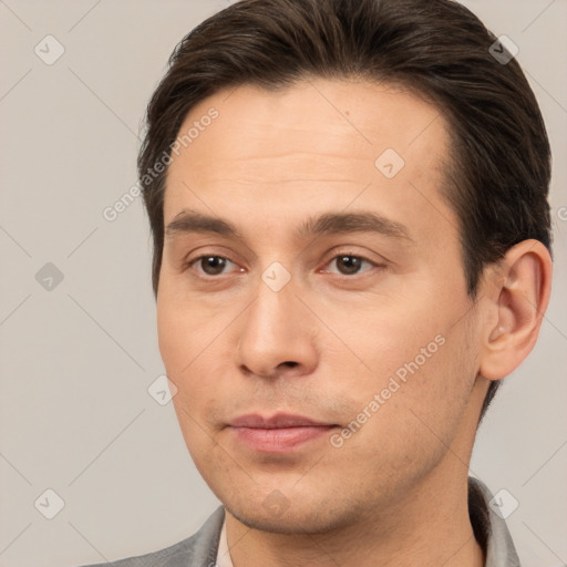 Joyful white young-adult male with short  brown hair and brown eyes