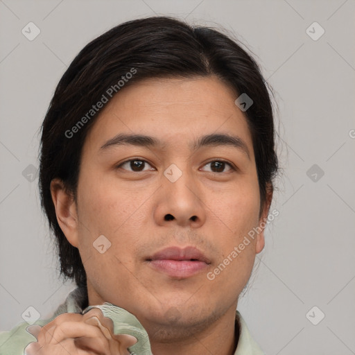 Neutral asian young-adult male with short  brown hair and brown eyes