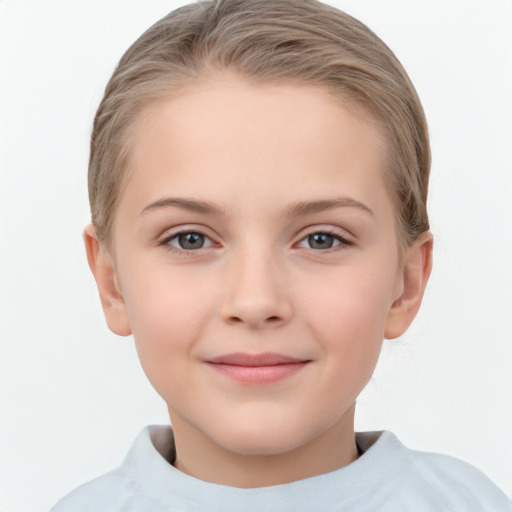 Joyful white child female with short  brown hair and brown eyes