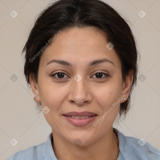 Joyful white adult female with medium  brown hair and brown eyes