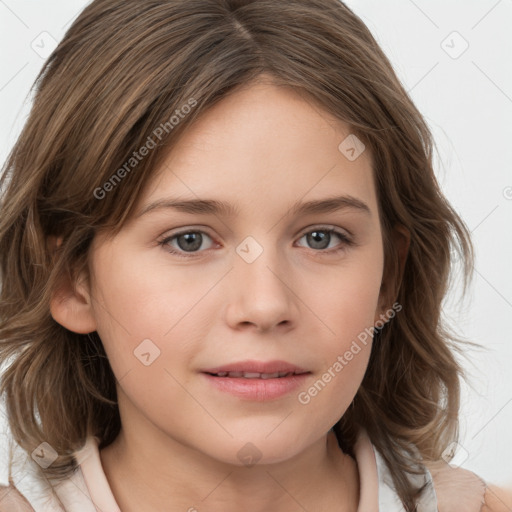 Joyful white child female with medium  brown hair and brown eyes