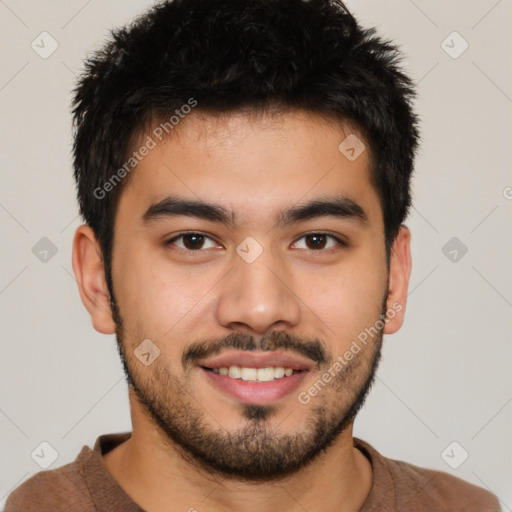 Joyful latino young-adult male with short  brown hair and brown eyes