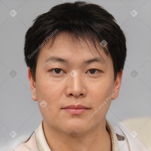 Neutral asian young-adult male with short  brown hair and brown eyes