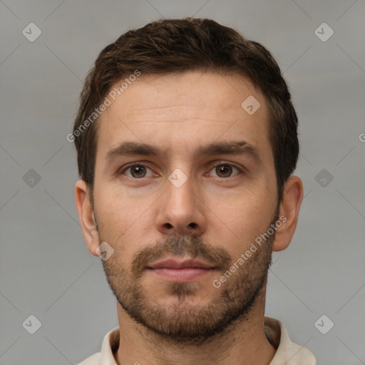 Neutral white young-adult male with short  brown hair and brown eyes