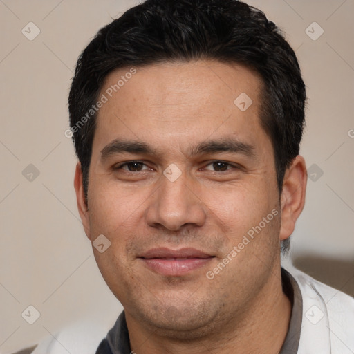 Joyful white young-adult male with short  black hair and brown eyes