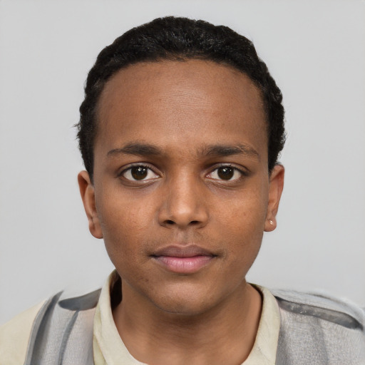 Neutral black young-adult male with short  black hair and brown eyes