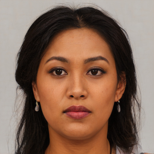 Neutral asian young-adult female with long  brown hair and brown eyes