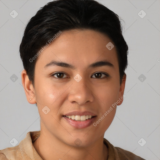 Joyful white young-adult female with short  brown hair and brown eyes