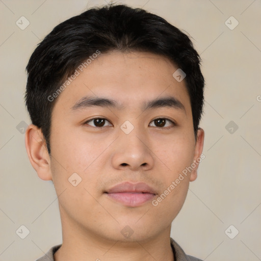 Neutral asian young-adult male with short  brown hair and brown eyes