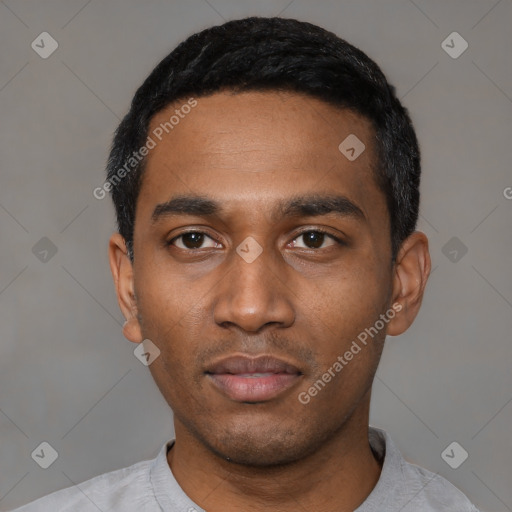 Neutral latino young-adult male with short  black hair and brown eyes