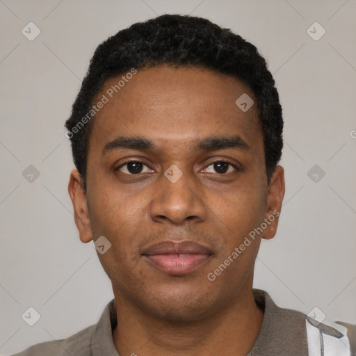 Neutral black young-adult male with short  black hair and brown eyes