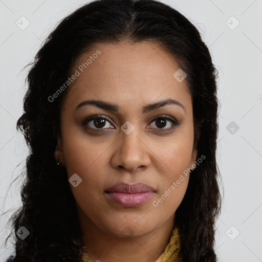 Joyful latino young-adult female with long  brown hair and brown eyes