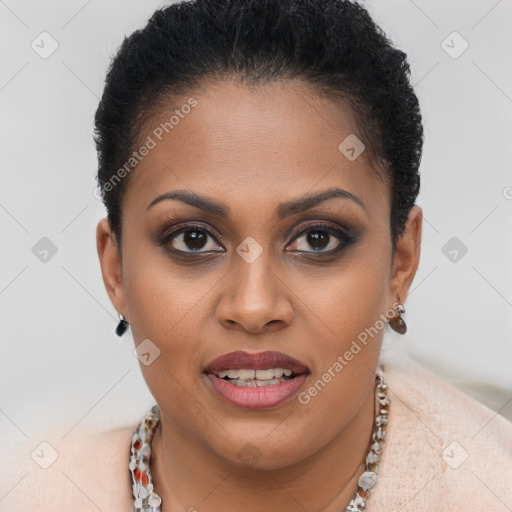 Joyful black young-adult female with short  brown hair and brown eyes