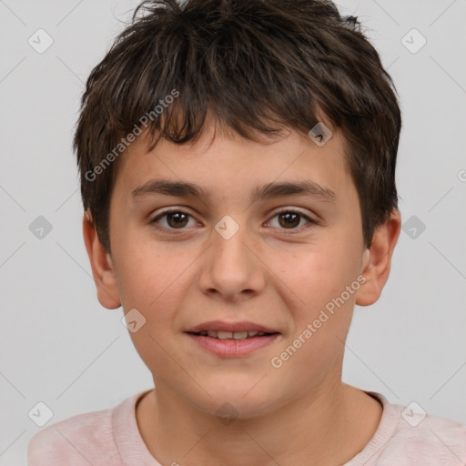 Joyful white child male with short  brown hair and brown eyes