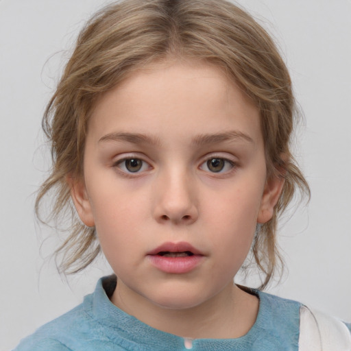 Neutral white child female with medium  brown hair and grey eyes