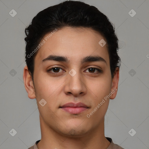 Neutral latino young-adult male with short  black hair and brown eyes