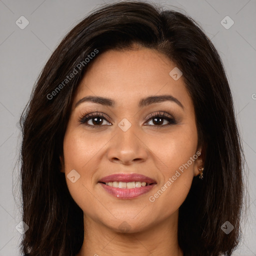 Joyful white young-adult female with long  brown hair and brown eyes