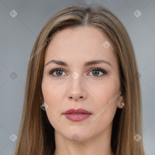 Neutral white young-adult female with long  brown hair and brown eyes