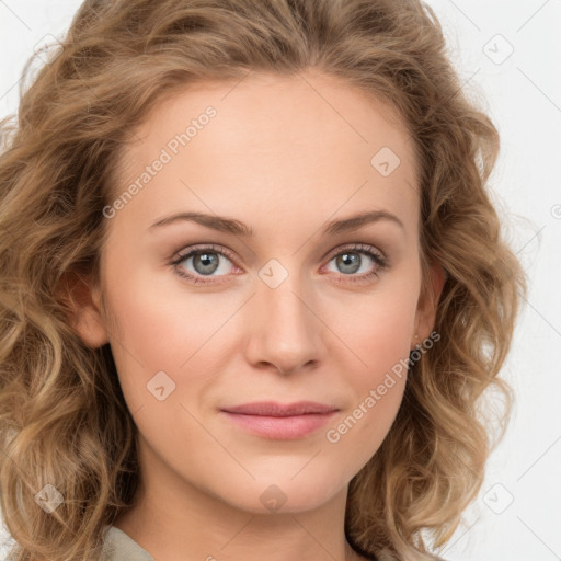 Joyful white young-adult female with long  brown hair and green eyes