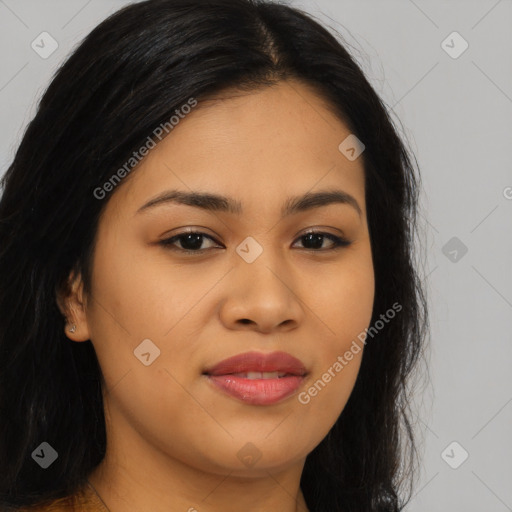 Joyful asian young-adult female with long  brown hair and brown eyes