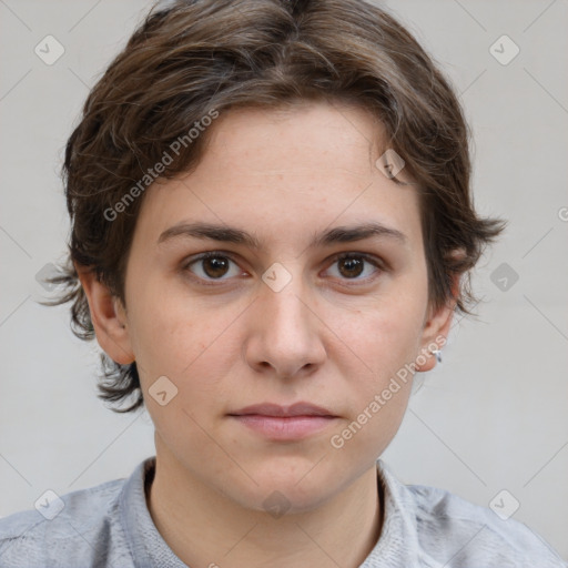 Neutral white young-adult female with medium  brown hair and brown eyes