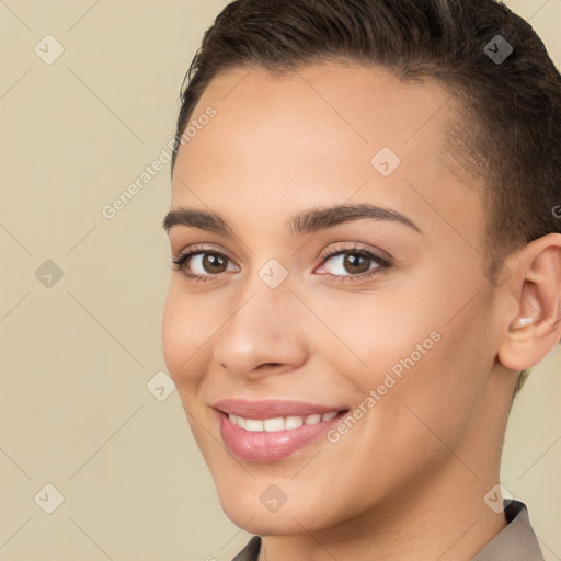 Joyful white young-adult female with short  brown hair and brown eyes