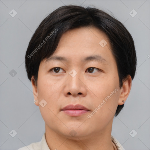 Neutral asian young-adult male with short  brown hair and brown eyes