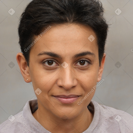 Joyful white young-adult female with short  brown hair and brown eyes