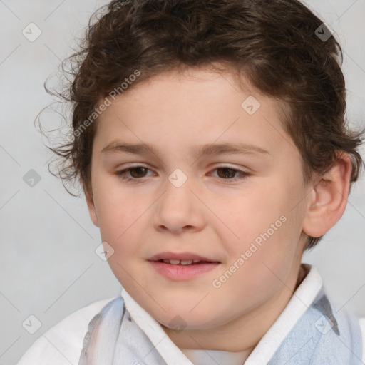 Joyful white child female with short  brown hair and brown eyes