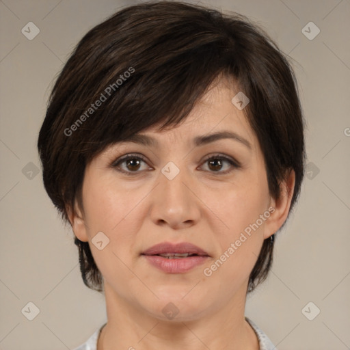 Joyful white adult female with medium  brown hair and brown eyes