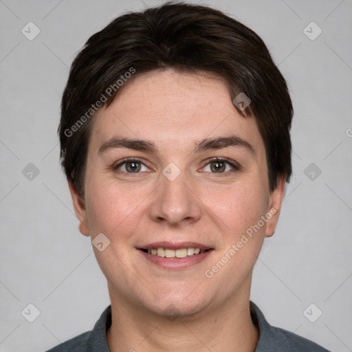 Joyful white young-adult female with short  brown hair and brown eyes