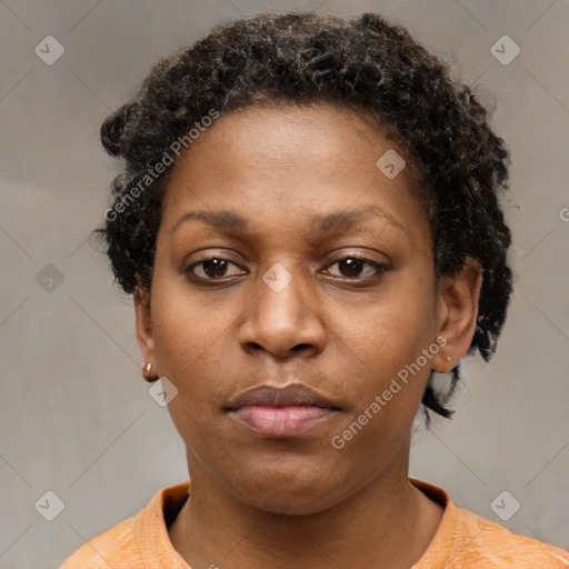 Neutral black young-adult female with short  brown hair and brown eyes