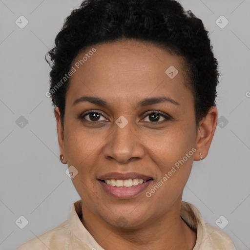 Joyful latino young-adult female with short  black hair and brown eyes