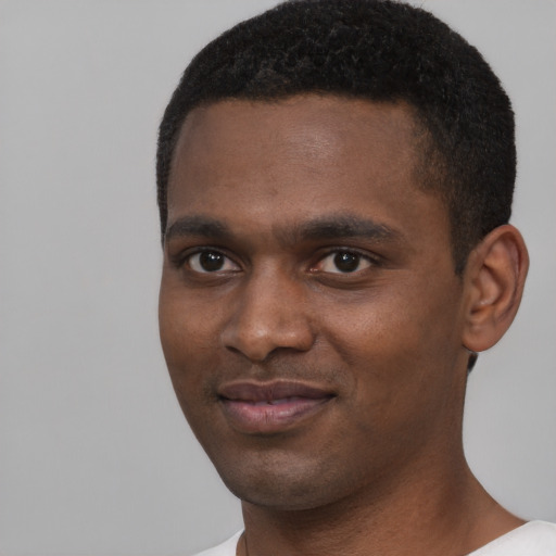 Neutral black young-adult male with short  black hair and brown eyes