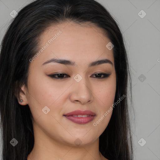 Joyful asian young-adult female with long  brown hair and brown eyes