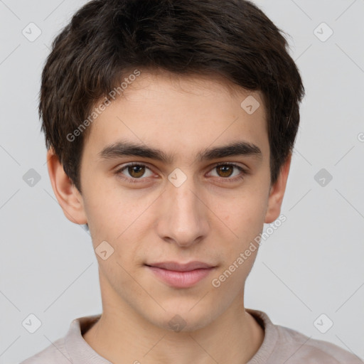 Neutral white young-adult male with short  brown hair and brown eyes