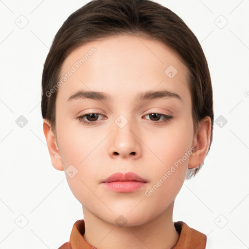 Neutral white young-adult female with short  brown hair and brown eyes