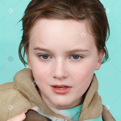 Neutral white child female with medium  brown hair and blue eyes