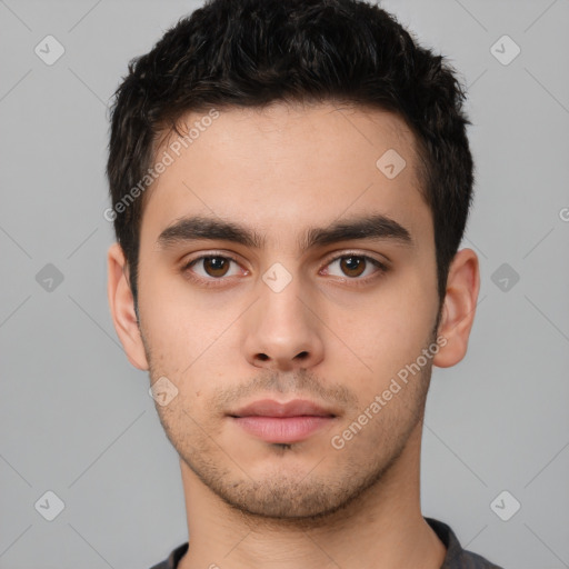 Neutral white young-adult male with short  brown hair and brown eyes