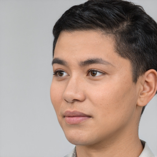 Neutral white young-adult male with short  black hair and brown eyes