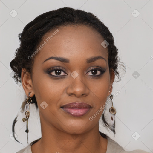 Joyful black young-adult female with long  brown hair and brown eyes