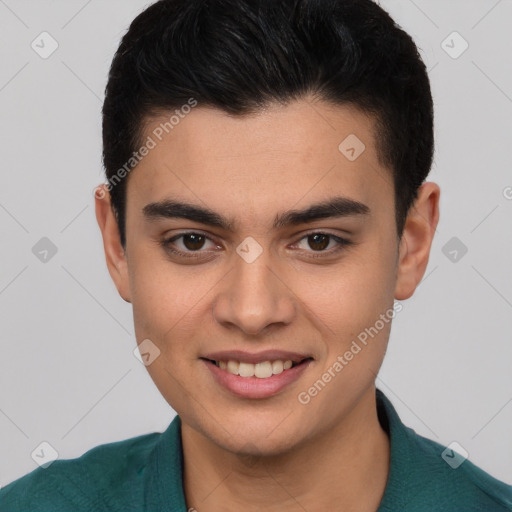 Joyful latino young-adult male with short  black hair and brown eyes