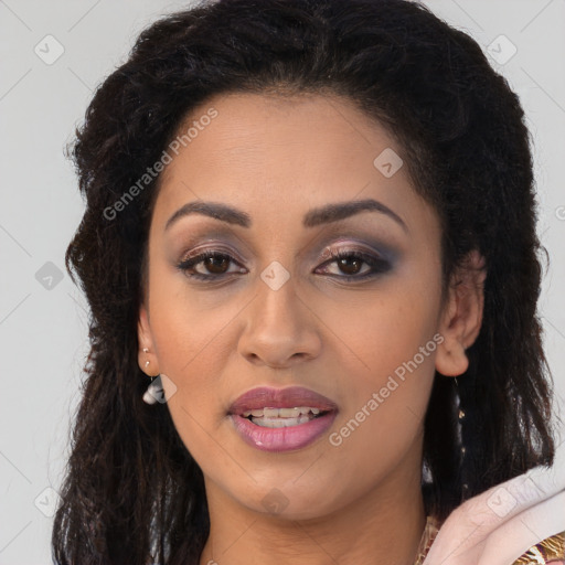 Joyful latino young-adult female with long  brown hair and brown eyes