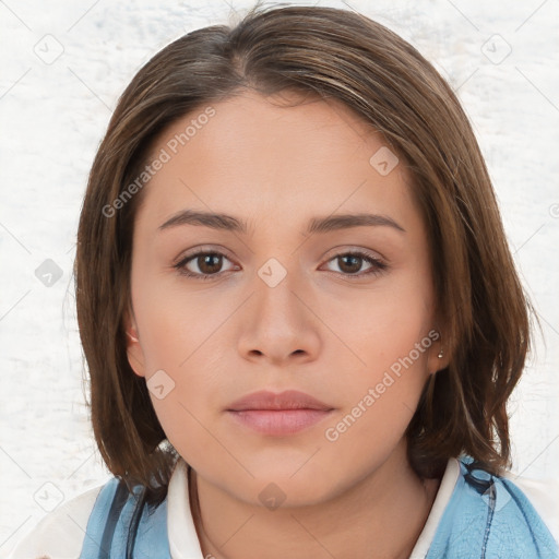 Neutral white young-adult female with medium  brown hair and brown eyes