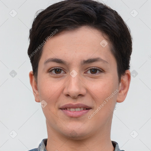 Joyful white young-adult female with short  brown hair and brown eyes