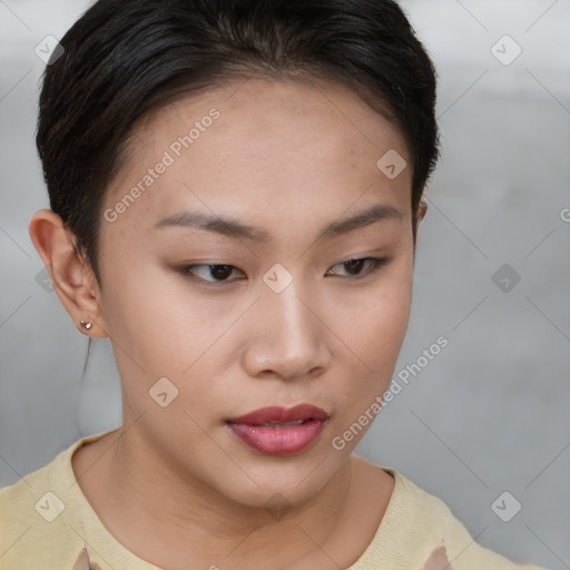 Neutral asian young-adult female with short  brown hair and brown eyes