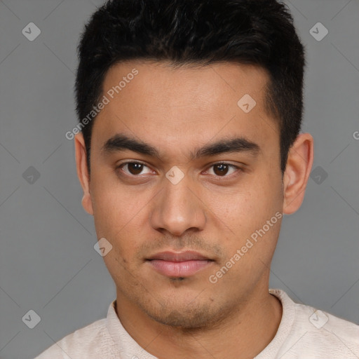 Neutral latino young-adult male with short  black hair and brown eyes