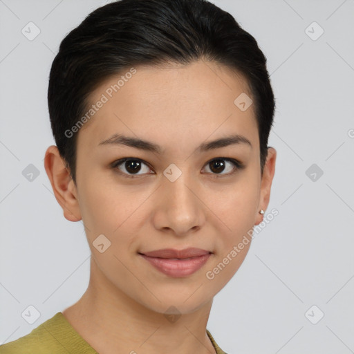 Joyful latino young-adult female with short  brown hair and brown eyes